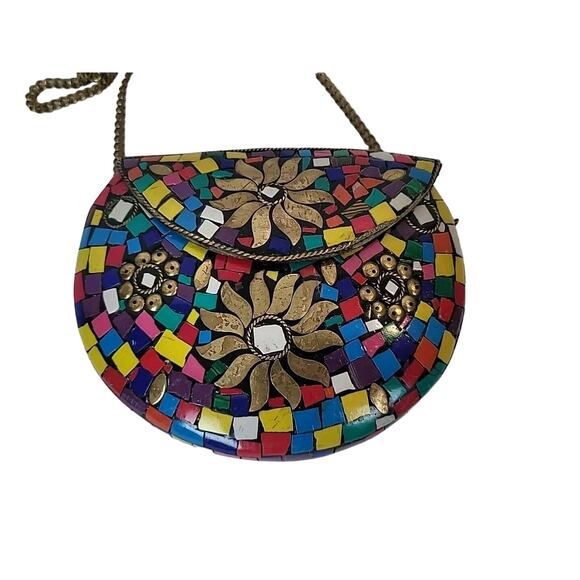 Vtg Himalayan Handmade Tibetan Mosaic Inlay Boho Clutch Evening Bag Multicolor - Picture 9 of 14